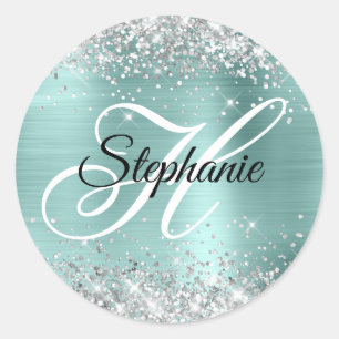 Silver Glitter Pale Turquoise Foil Fancy Monogram Classic Round Sticker