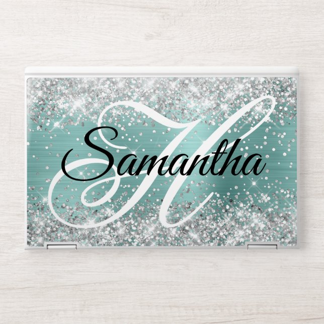 Silver Glitter Pale Turquoise Foil Fancy Monogram HP Laptop Skin (Front)