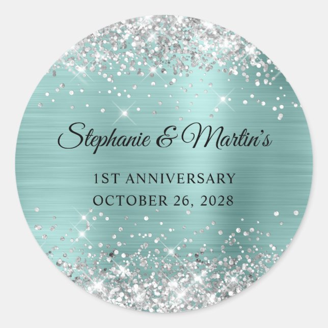 Silver Glitter Pale Turquoise Wedding Anniversary Classic Round Sticker (Front)