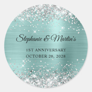 Silver Glitter Pale Turquoise Wedding Anniversary Classic Round Sticker