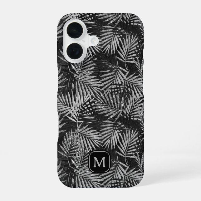 Silver Glitter Palm Tree Black Modern Monogram Iphone Case (Back)
