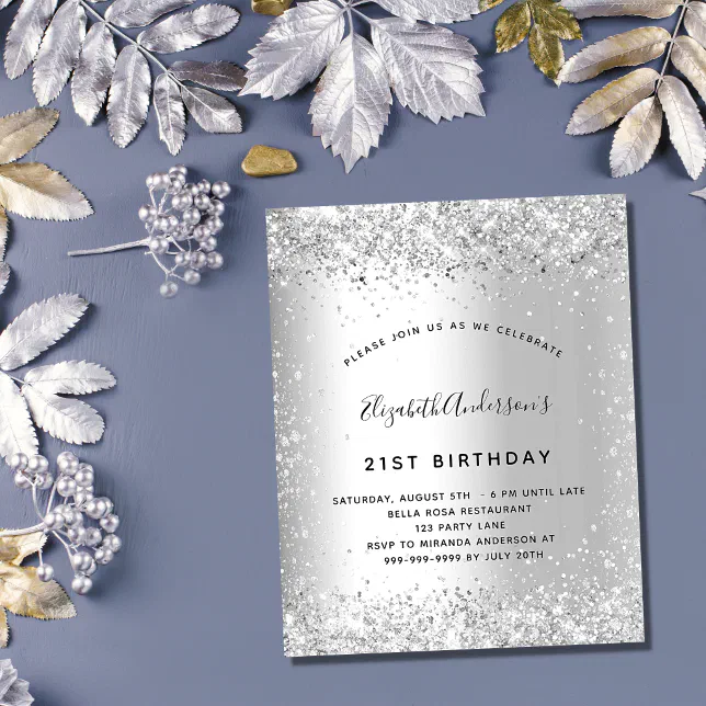 Silver glitter party birthday budget invitation | Zazzle