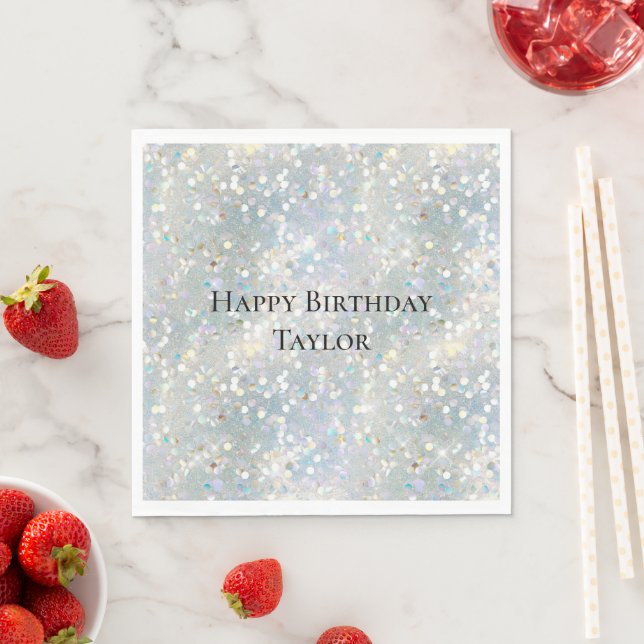 Silver Glitter Party Blue White Bokeh Birthday Napkins (Insitu)