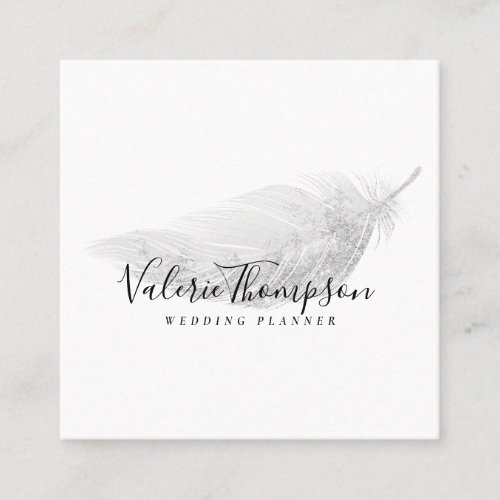 Silver glitter pastel gray feather modern elegant square business card