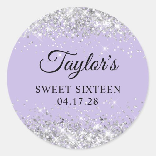 Silver Glitter Pastel Purple Sweet Sixteen Classic Round Sticker