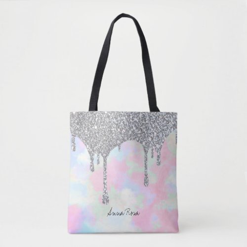  Silver Glitter Pastel Unicorn Mermaid Rainbow Tote Bag