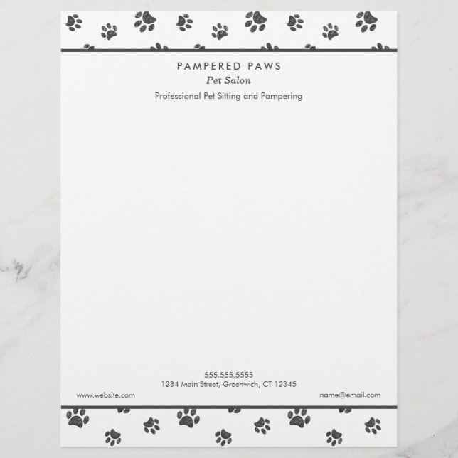 Silver Glitter Paw Prints Professional Pet Salon Letterhead (Front)