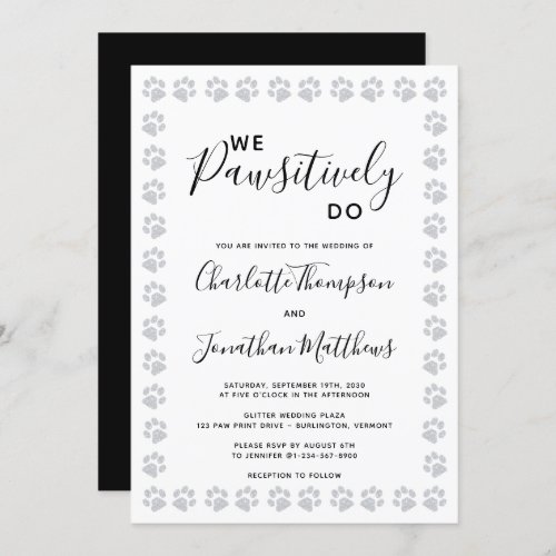 Silver Glitter Paw Prints Wedding Invitation