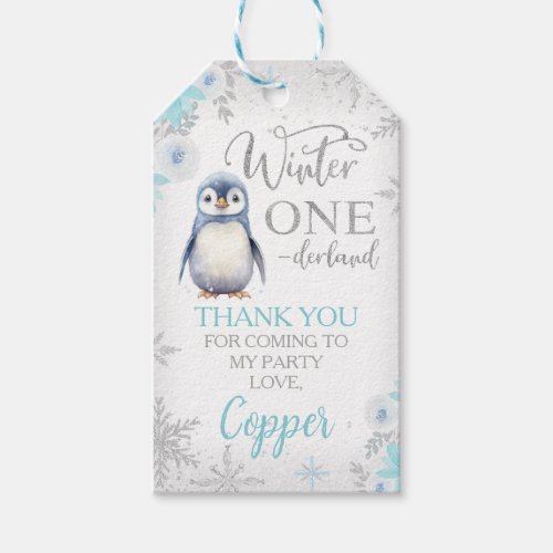 Silver Glitter Penguin Winter Onederland Birthday Gift Tags