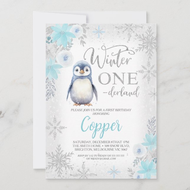 Silver Glitter Penguin Winter Onederland Birthday Invitation (Front)
