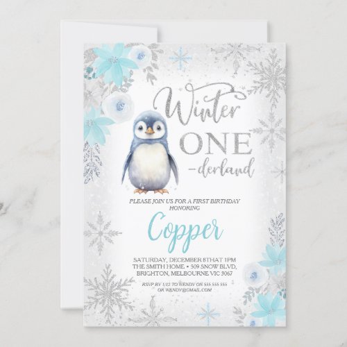 Silver Glitter Penguin Winter Onederland Birthday Invitation