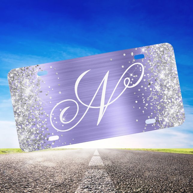 Silver Glitter Periwinkle Foil Fancy Monogram License Plate (Silver Glitter and Periwinkle Monogrammed Decorative License Plate)
