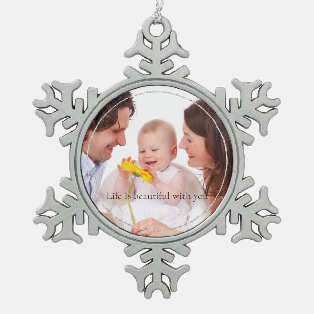 Silver Glitter Personalized Photo and Quote Snowflake Pewter Christmas Ornament (Front)