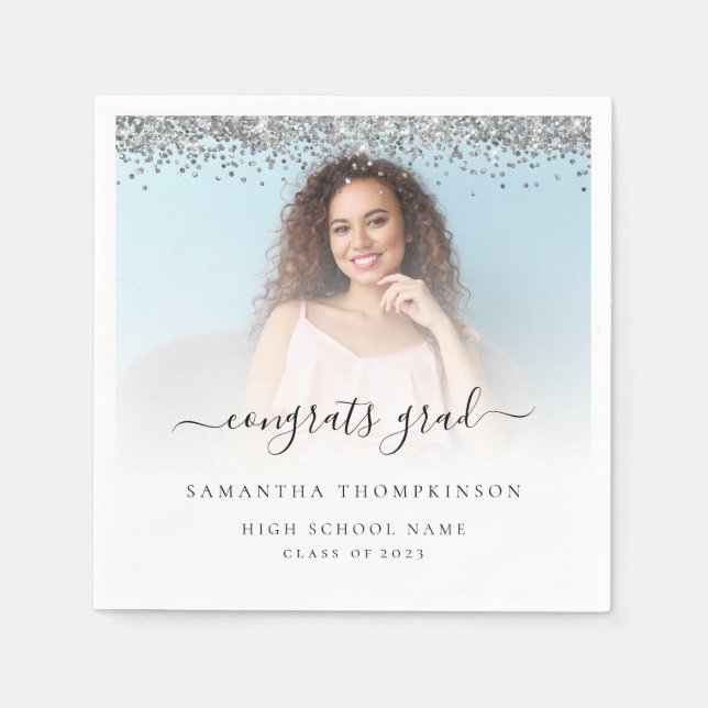 Silver Glitter Photo 2024 Congrats Graduation  Napkins (Front)