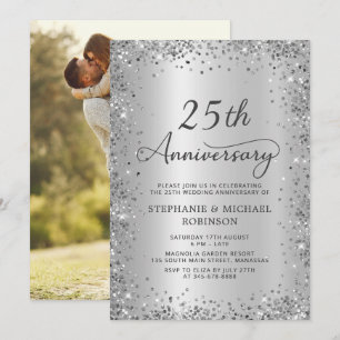 Silver Glitter Photo 25th Wedding Anniversary Invitation