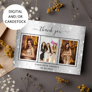 Silver glitter photo birthday thank you card