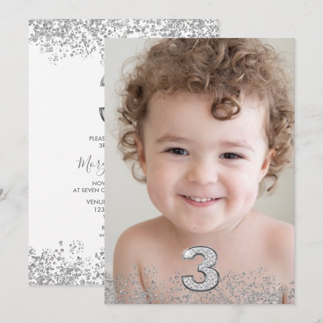 Silver Glitter Photo Boys Girls 3rd Birthday Party Invitation (Front/Back)