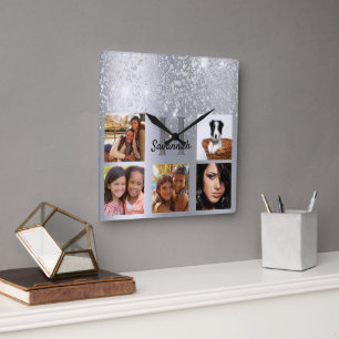 Silver glitter photo collage glamorous name square wall clock