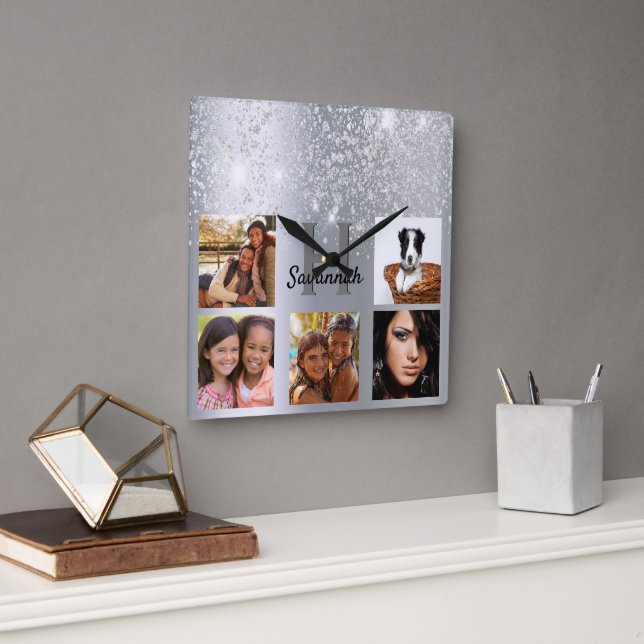 Silver glitter photo collage glamorous name square wall clock (Office)