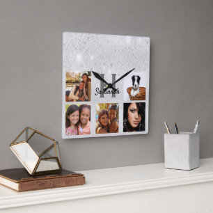 Silver glitter photo collage monogram glamorous square wall clock