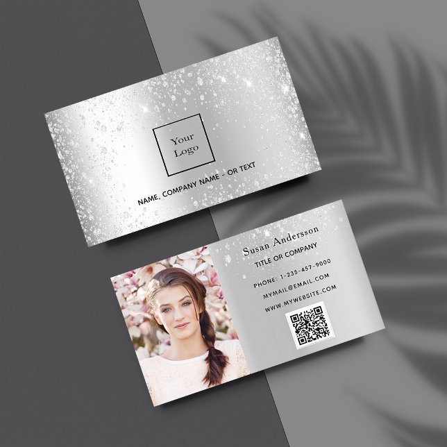 Silver glitter photo logo elegant QR code Business Card