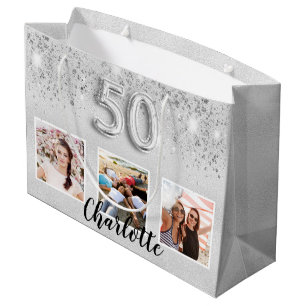 Silver glitter photo monogram 50th birthday large gift bag