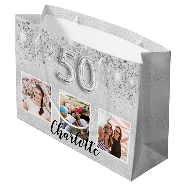 Silver glitter photo monogram 50th birthday large gift bag (Back Angled)