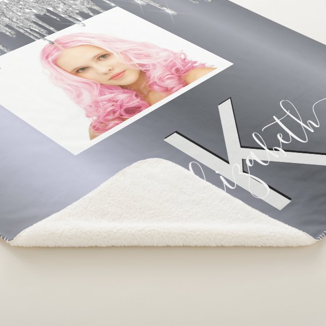 Silver glitter photo monogram glamorous sherpa blanket (3/4)