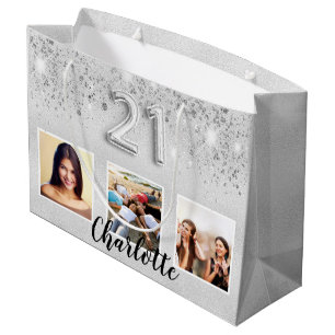 Silver glitter photo name 21st birthday large gift bag