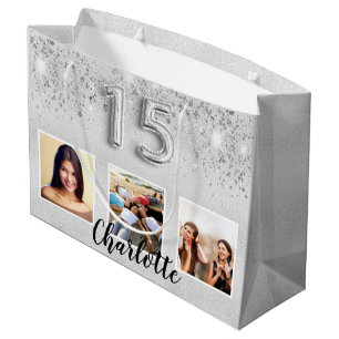 Silver glitter photo name Quinceanera Large Gift Bag