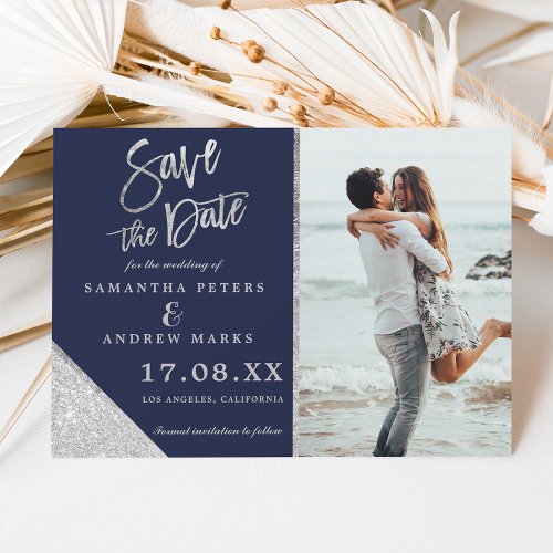 Silver glitter photo navy blue save the date