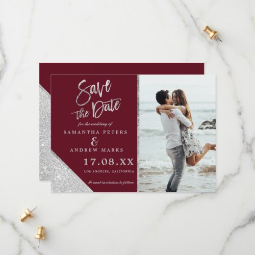 Silver glitter photo red burgundy save the date