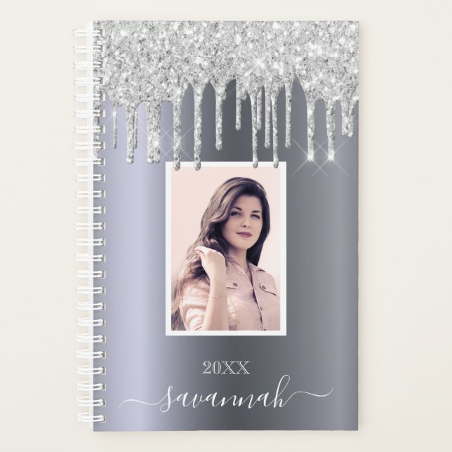 Silver glitter photo sparkle monogram planner (Front)