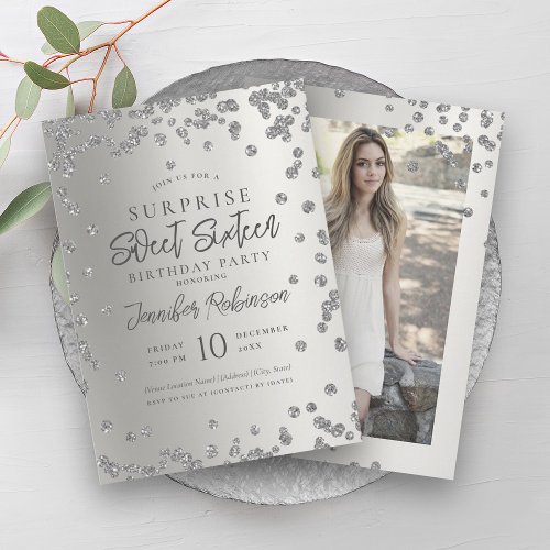 Silver Glitter Photo SURPRISE Sweet 16   Invitation