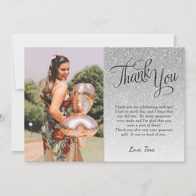 Silver Glitter Photo Thank You Flat Card (Front)