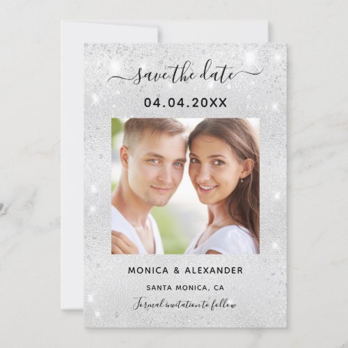 Silver glitter photo wedding Save the Date