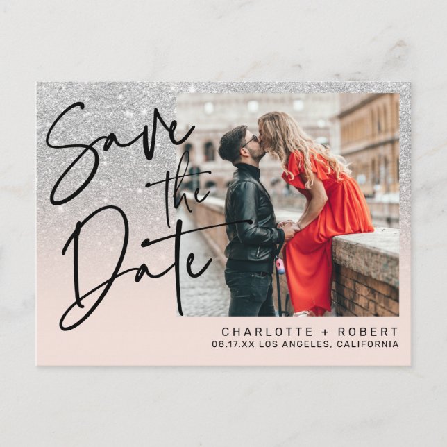 Silver glitter photo wedding save the date announcement postcard (Front)