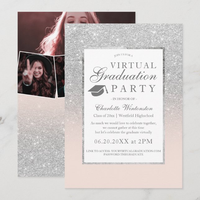 Silver glitter photos virtual Graduation party Invitation (Front/Back)