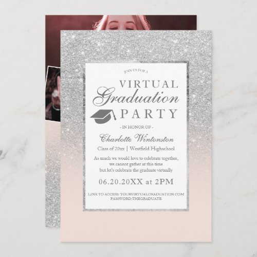 Silver glitter photos virtual Graduation party Invitation