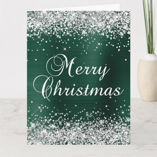 Silver Glitter Pine Green Foil Big Merry Christmas Card