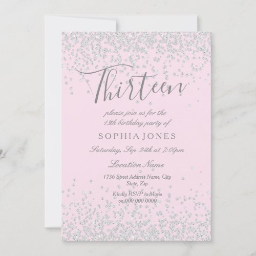 Silver Glitter Pink 13th Birthday Invite