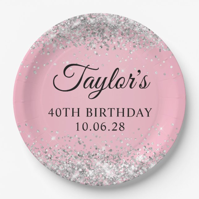 Silver Glitter Pink 40th Birthday Paper Plates (Front)