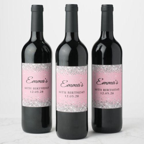 Silver Glitter Pink 60th Birthday Wine Label