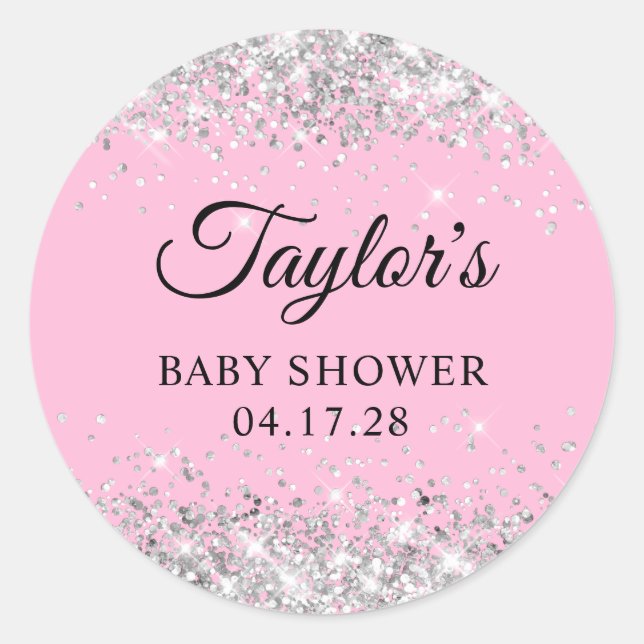 Silver Glitter Pink Baby Shower Classic Round Sticker (Front)