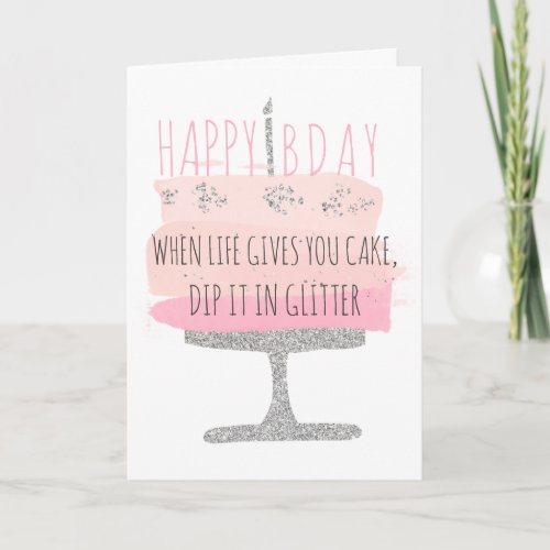 Silver glitter pink birthday cake illustration card