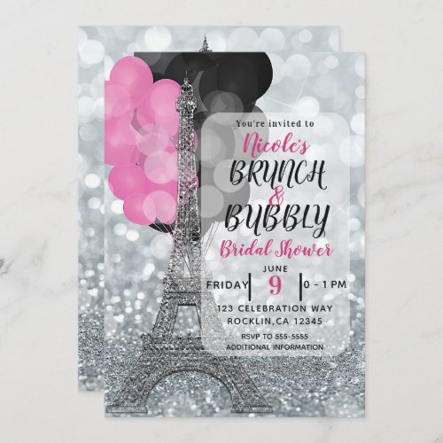 Silver Glitter Pink Black Balloons Eiffel Tower Invitation