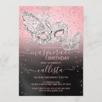 Silver Glitter Pink Black Masquerade Birthday