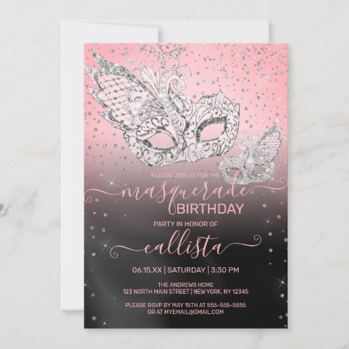 Silver Glitter Pink Black Masquerade Birthday Invitation