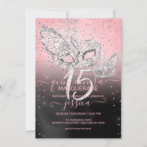 Silver Glitter Pink Black Masquerade Quinceaera Invitation