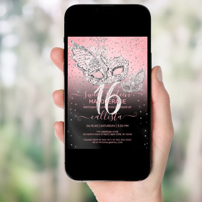 Silver Glitter Pink Black Masquerade Sweet 16 Invitation (Front Digital)